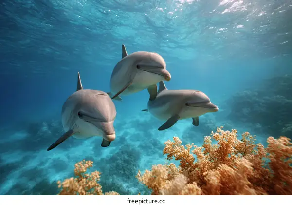 Three Dolphins Swimming in Coral Reef