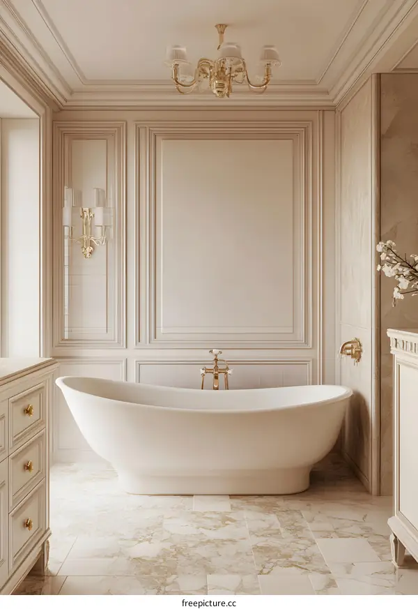 Elegant Bathroom With Freestanding Tub and Gold Accents
