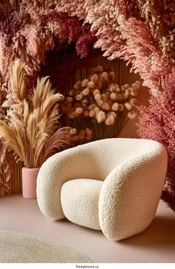 Modern White Plush Armchair with Dried Pampas Grass Background