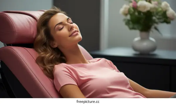 A woman is relaxing in a pink massage chair with her eyes closed