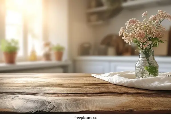 Wooden Tabletop with Vase and Flowers