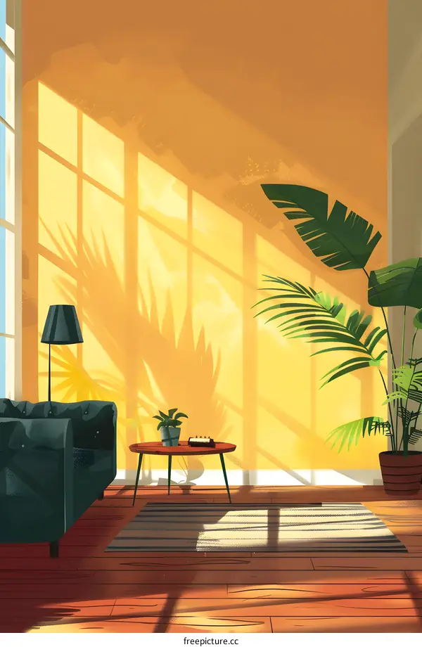 Sunlit Living Room with Green Plants and Wooden Floor