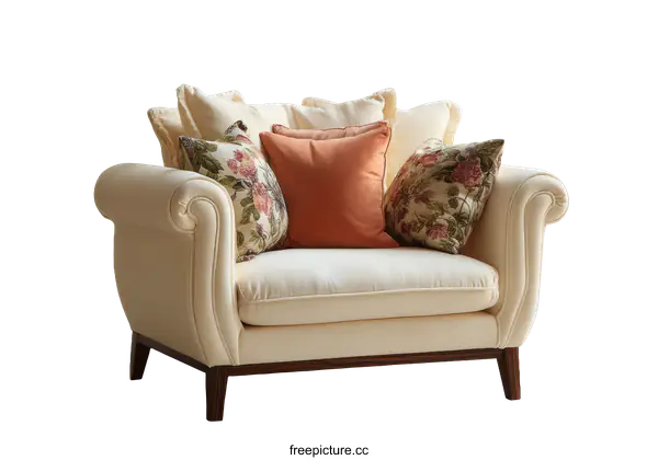 [Transparent Background PNG]Cream Sofa with Decorative Pillows