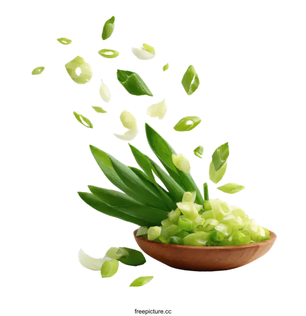 [Transparent Background PNG]Chopped Green Onions in Wooden Bowl