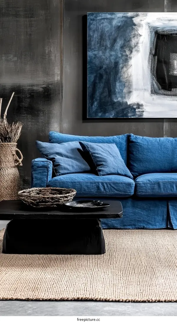 Modern Living Room Interior with Blue Sofa and Rug