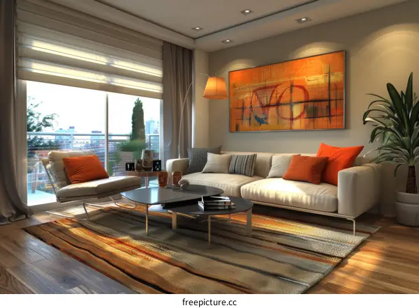 A modern living room with a large orange painting