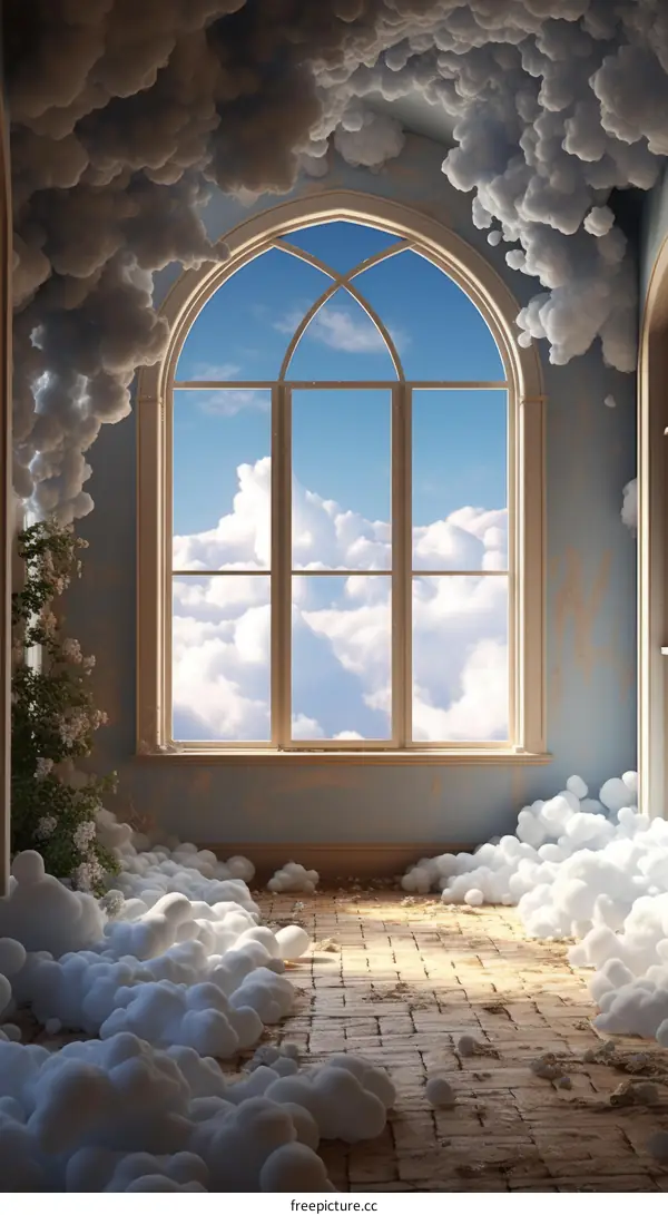 Surreal painting of a room with a large window