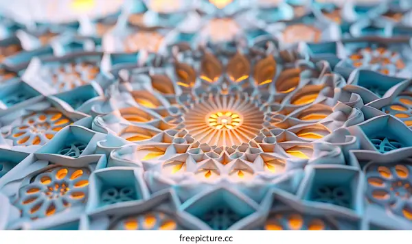 Blue and white 3D illustration of a mandala