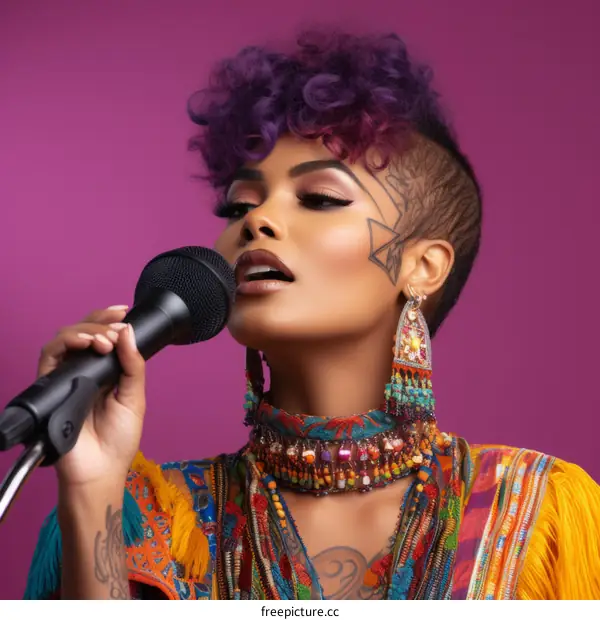 Young Woman with Purple Hair and Tattoos Singing into a Microphone