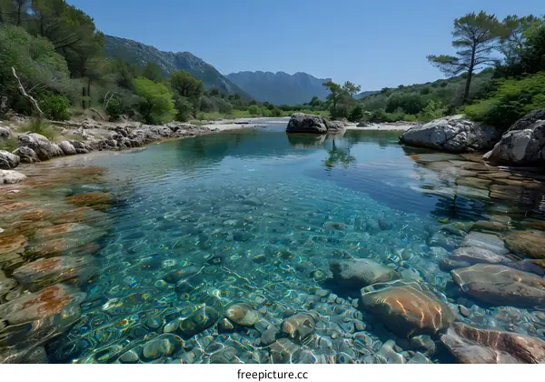 clear water in a river with rocks and trees on the banks