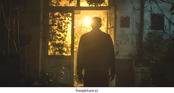 man standing with back to camera in dark room with bright light in front