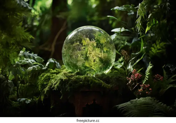 plants in glass ball terrarium in lush green forest
