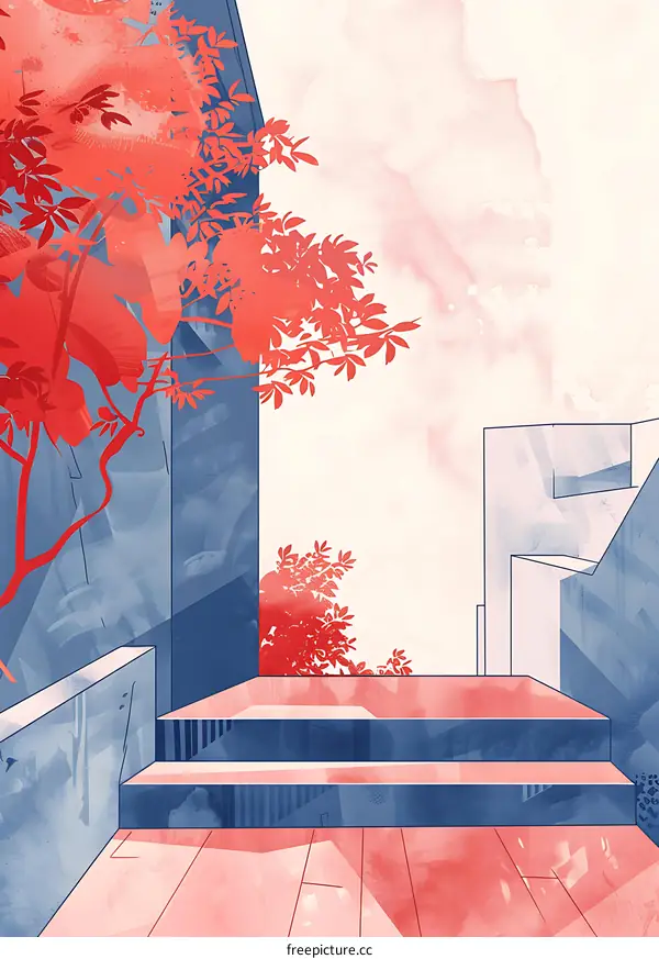 Abstract Illustration of Red and Blue Geometric Shapes and Watercolor