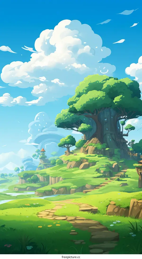 fantasy landscape with a giant tree and a small village
