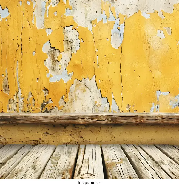 Old Weathered Wooden Planks and Cracked Yellow Wall Background