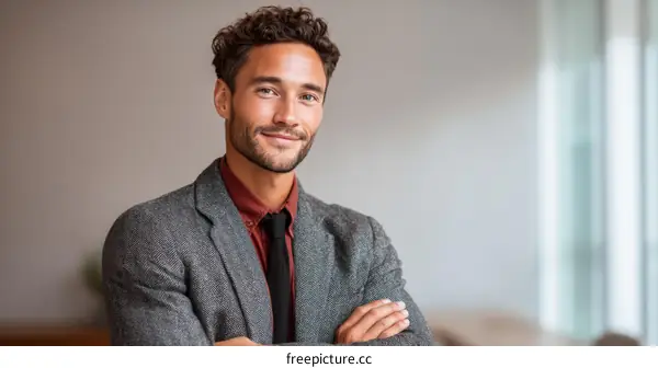 Confident young man in business suit with crossed arms