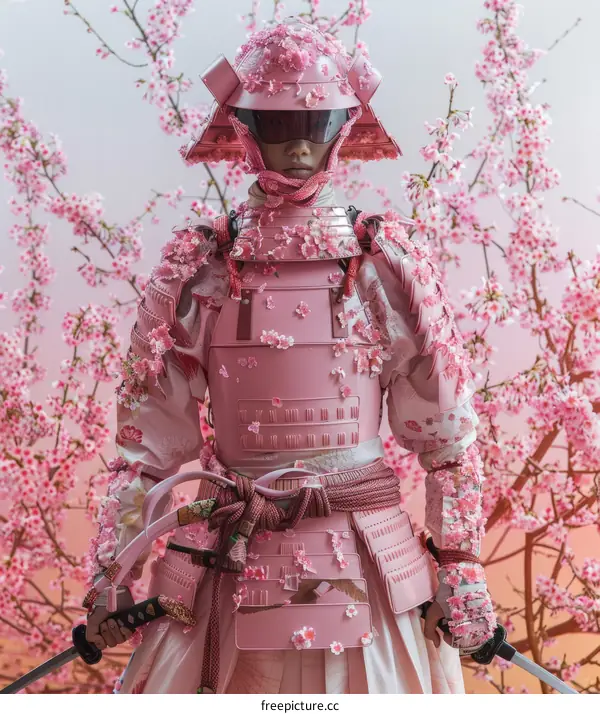 Samurai in pink armor and helmet with cherry blossoms