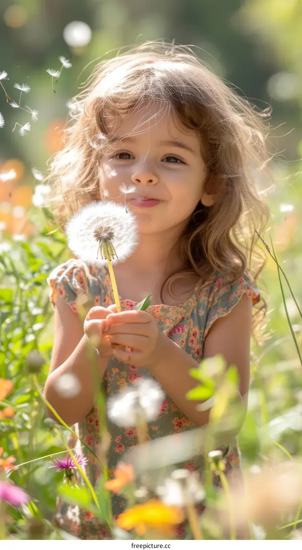Little girl blowing dandelion seeds in a field of flowers