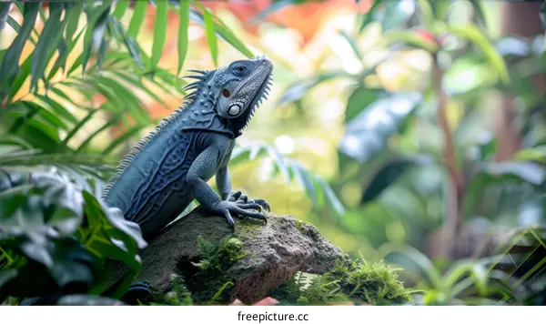 A blue iguana on a rock in a lush green jungle setting