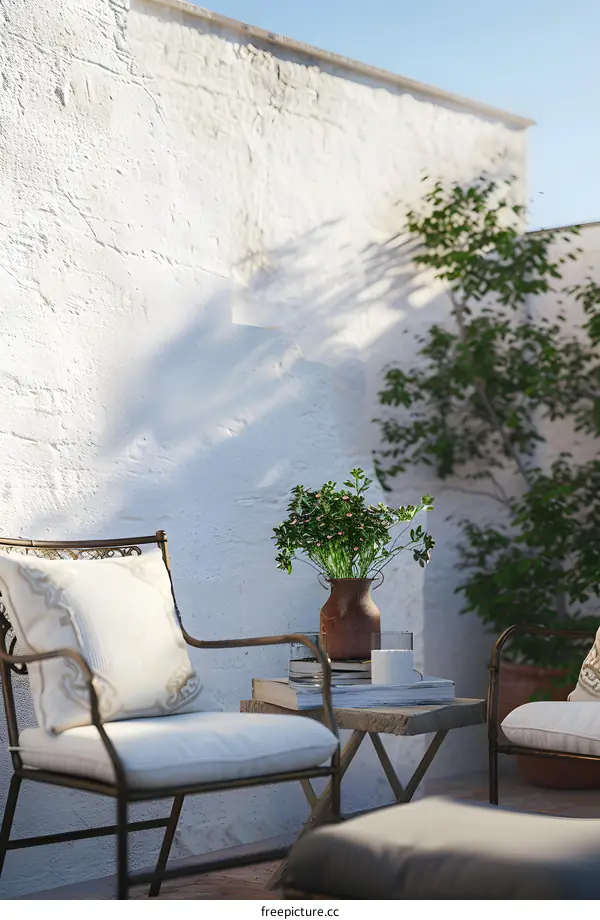 White Wall Outdoor Patio With Rustic Furniture