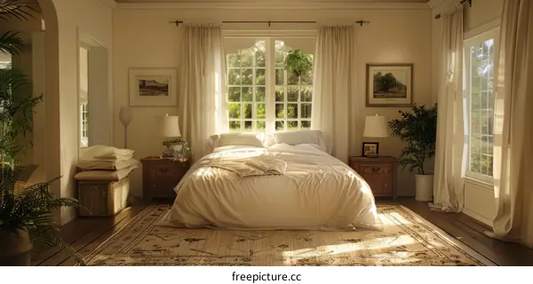 Spacious Bedroom with Large Bed, Rug, and Natural Light