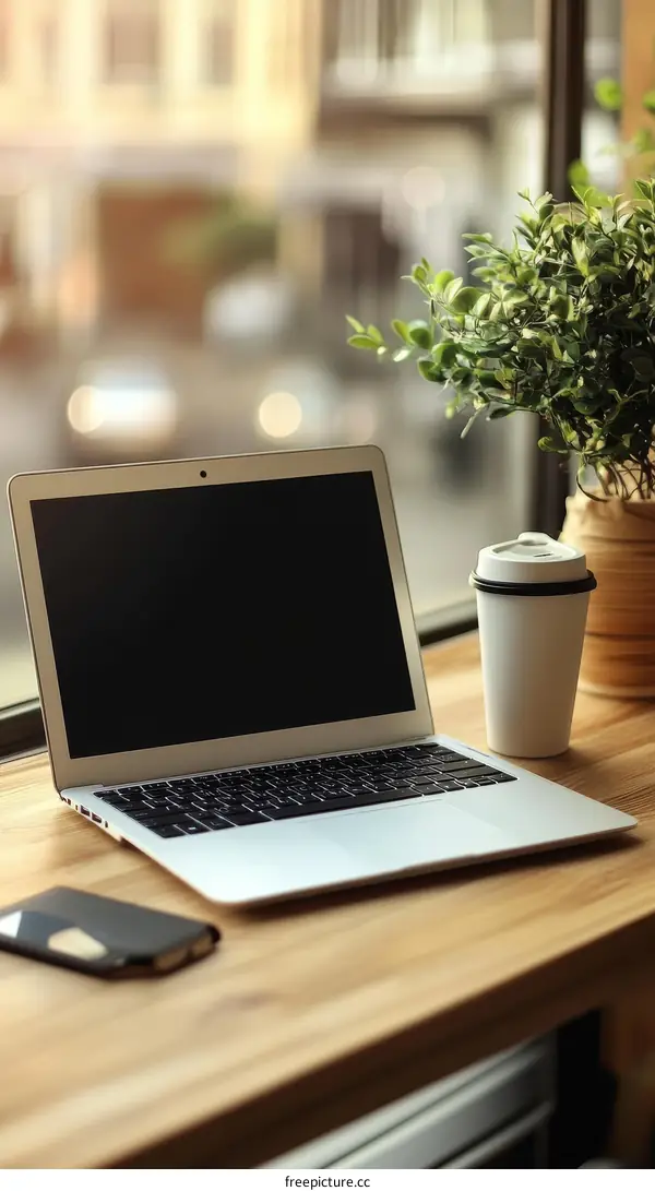Laptop on Wooden Table by Window with Coffee Cup