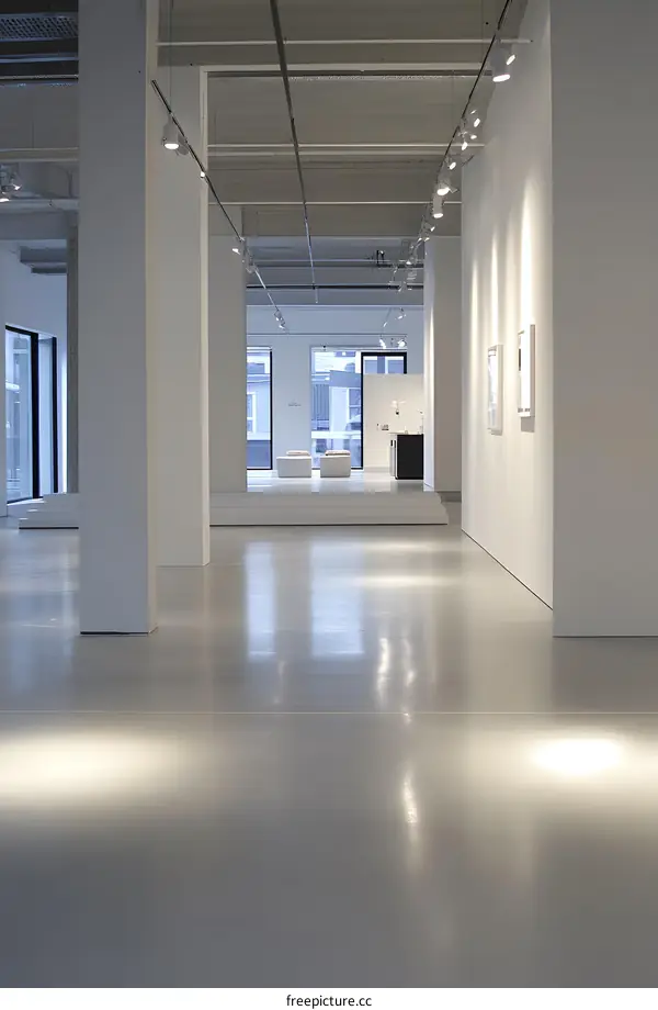 Modern Art Gallery Interior Design with White Walls and Concrete Floor