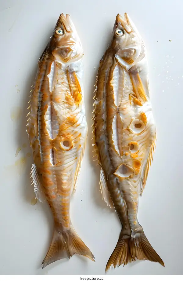 Two gutted fish on a white background