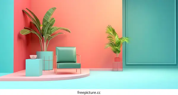 Green Chair and Plants in Minimalist Room Interior Design