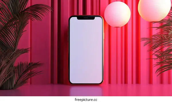 Phone Mockup with Pink Background and Palm Leaves