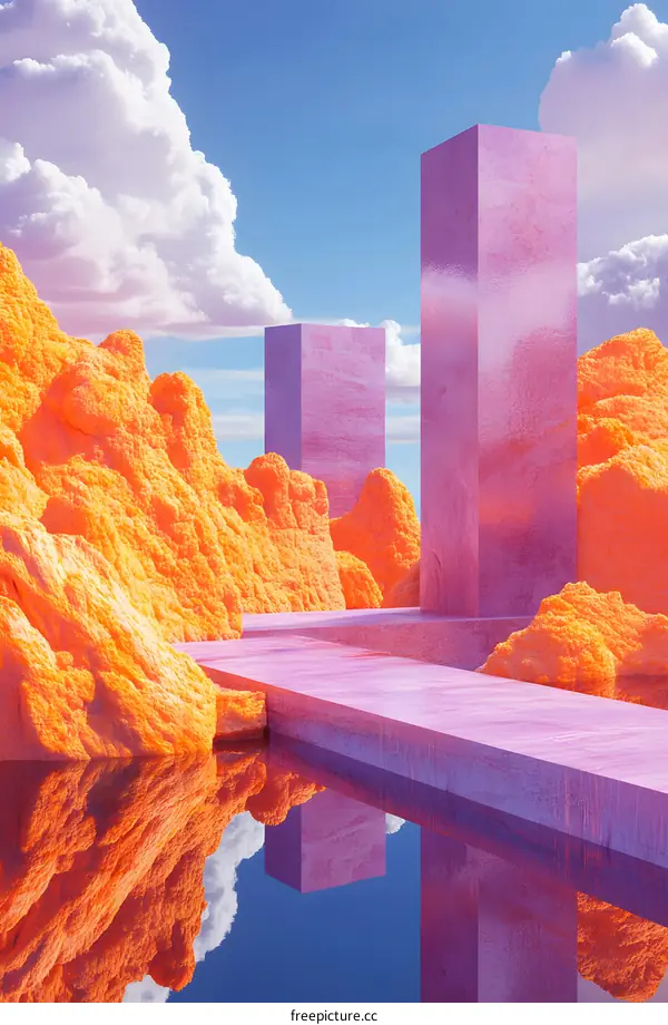 Abstract 3D Illustration Of Orange And Pink Rocks With Reflections In Water
