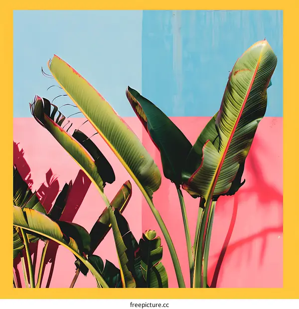 Tropical Leaves Against A Bright Pink and Blue Wall