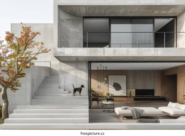 A Modern Concrete House with a Dog