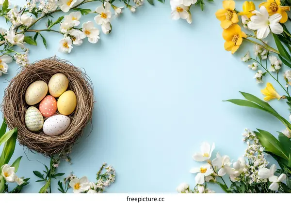 Easter Eggs in a Nest with Spring Flowers