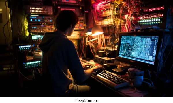 Young caucasian male hacker in dark room with computer