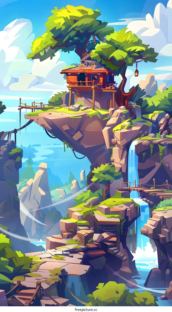 Fantasy Cliffside House with Waterfall