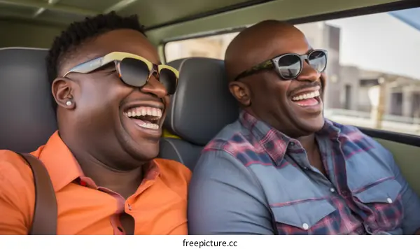 Two African American men laughing in a car