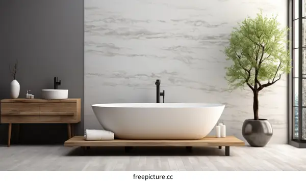 Modern bathroom interior with bathtub, large windows and marble walls