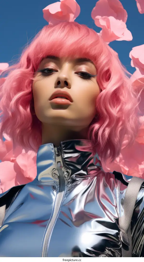 Fashion model with pink hair wearing silver jacket