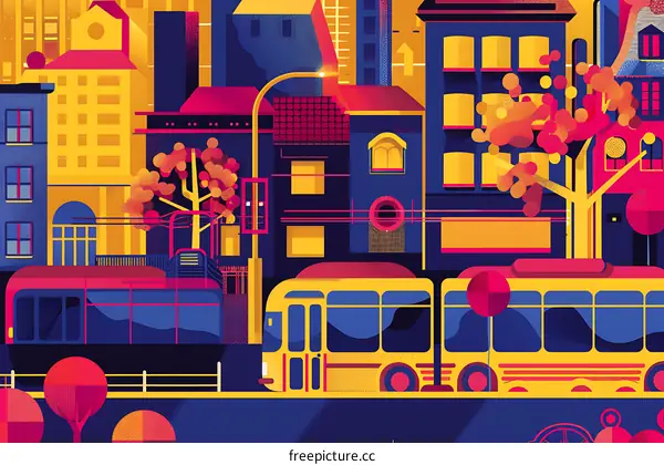 Colorful Cityscape with Buildings, Bus and Trees