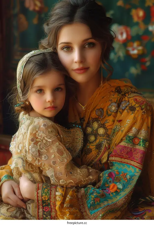 Mother and Daughter in Colorful Traditional Dress