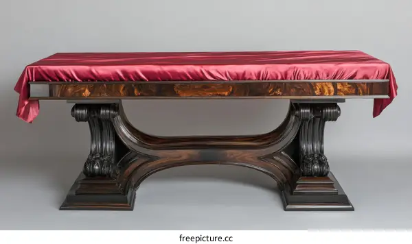Antique Dark Wooden Table with Maroon Silk Tablecloth