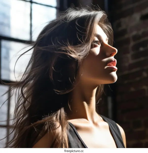 Portrait of a young woman with long dark hair looking up at the light