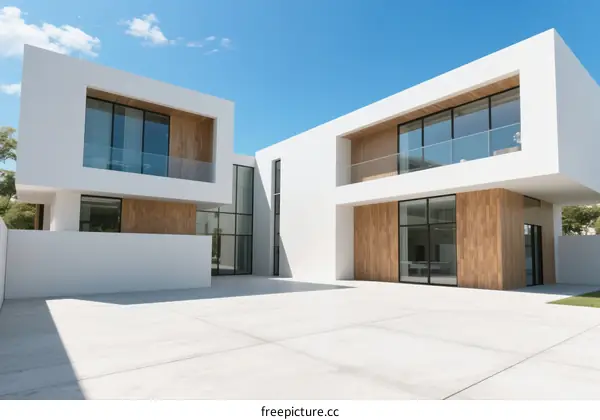 Modern White Exterior House with Large Glass Windows and Courtyard