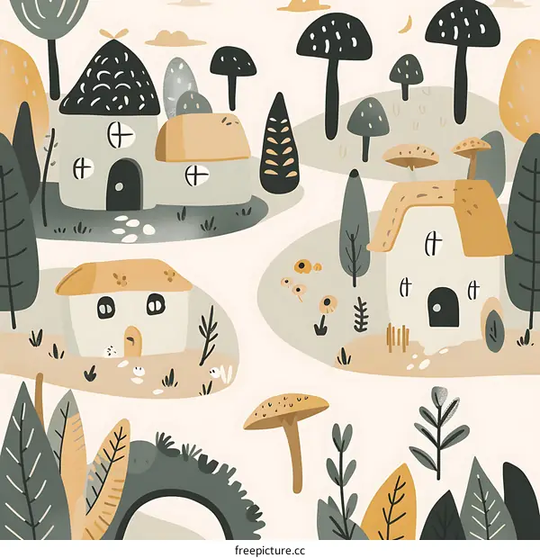 Cute Cartoon Illustration of a Village with Houses and Mushrooms