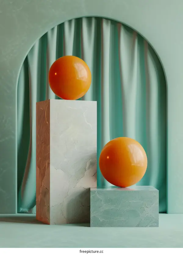 Two Orange Spheres on Podiums Against Green Background Render