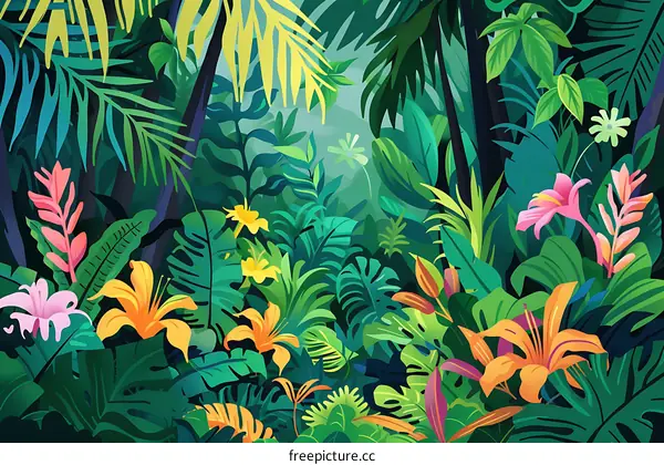 Tropical Jungle Rainforest Landscape with Lush Green Foliage and Flowers