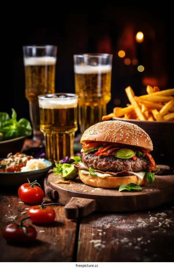 A delicious burger with fries and beer