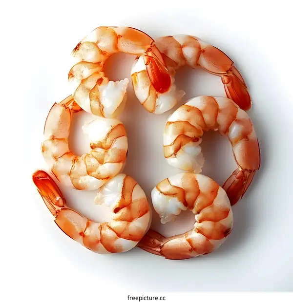 Several cooked shrimps arranged in a circle on a white background
