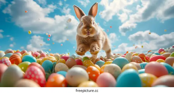 Cute Bunny Jumping Over Colorful Easter Eggs